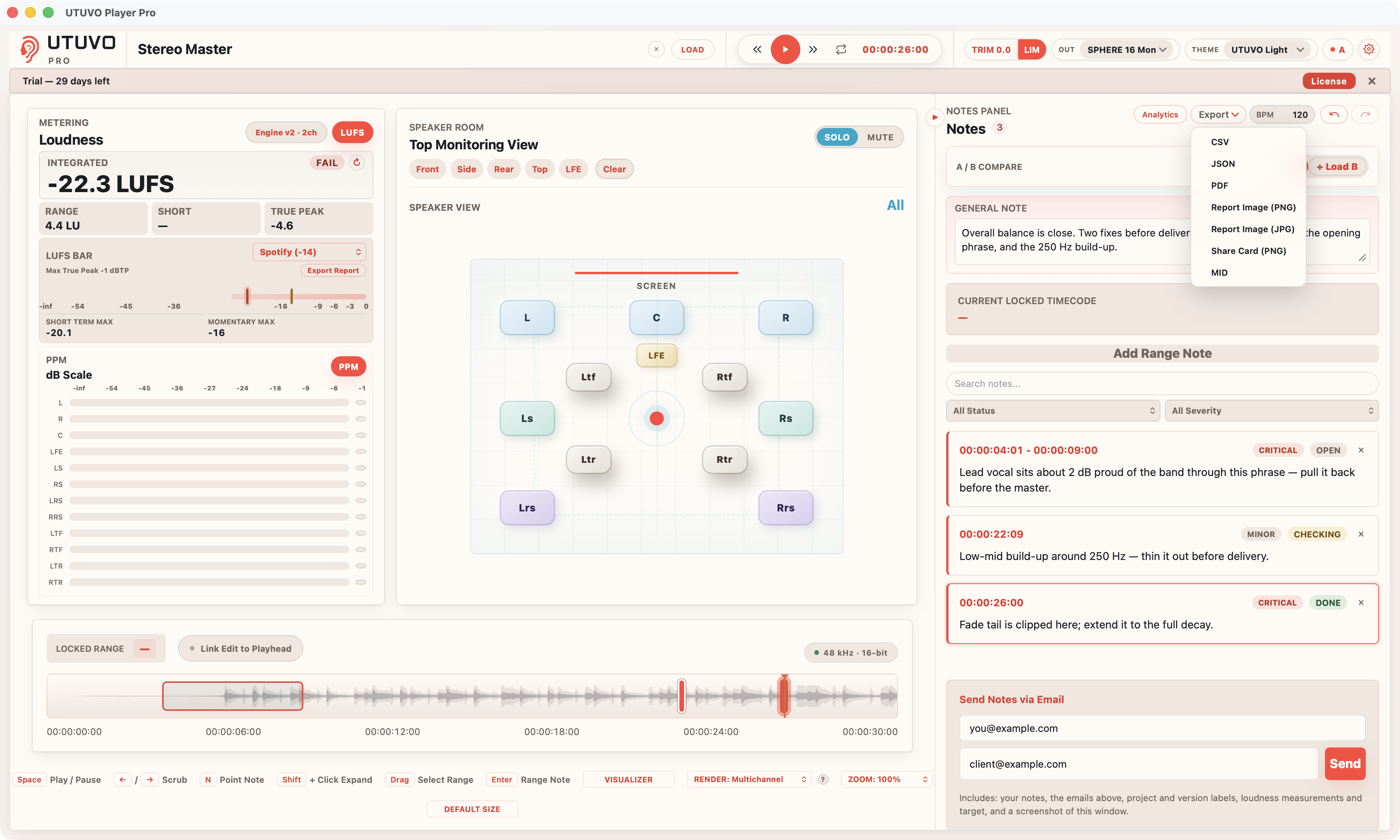 Player Pro Export menu listing CSV, JSON, PDF, image and MID formats