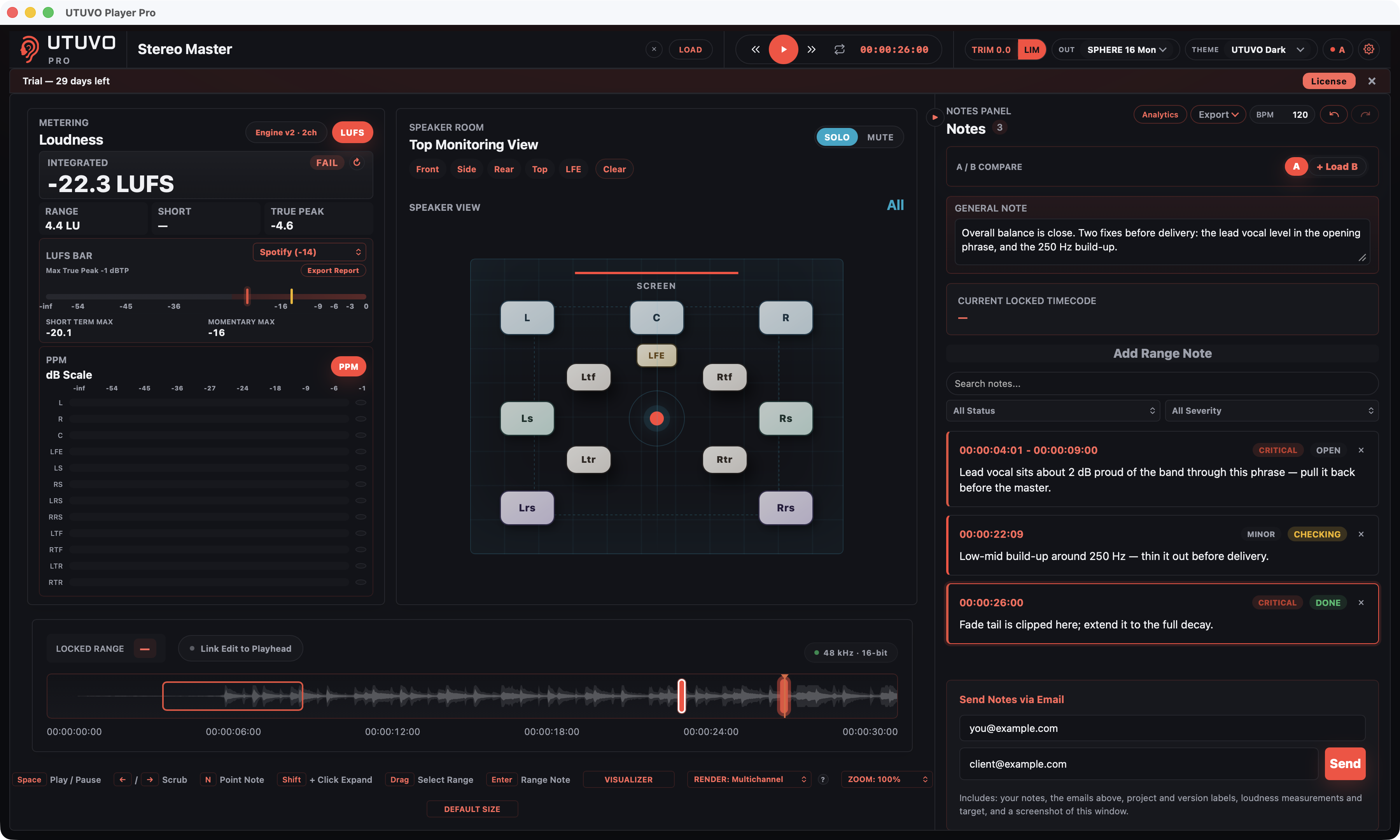Player Pro waveform with two timecoded review markers on a 48 kHz 16-bit master