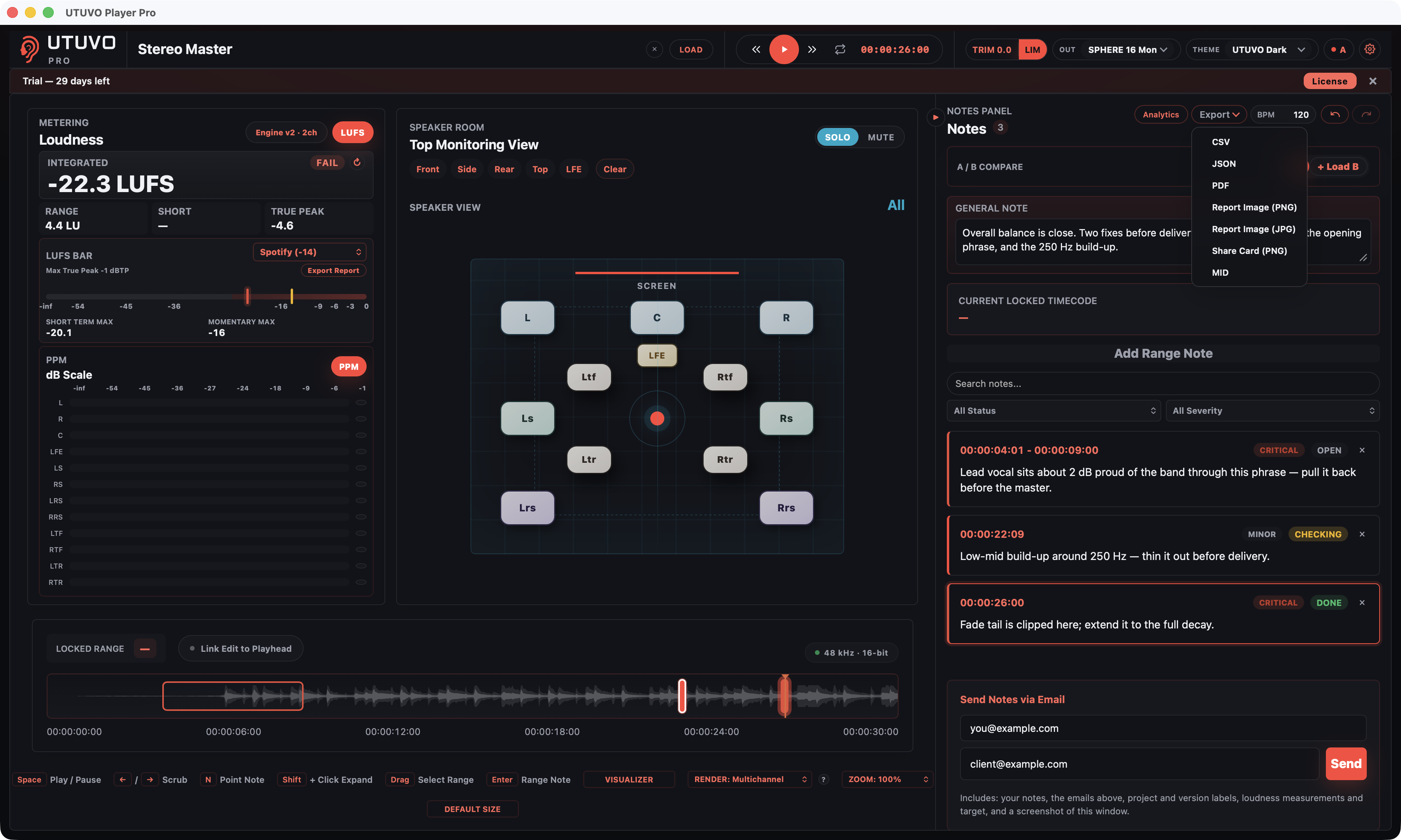 Player Pro Export menu listing CSV, JSON, PDF, image and MID formats
