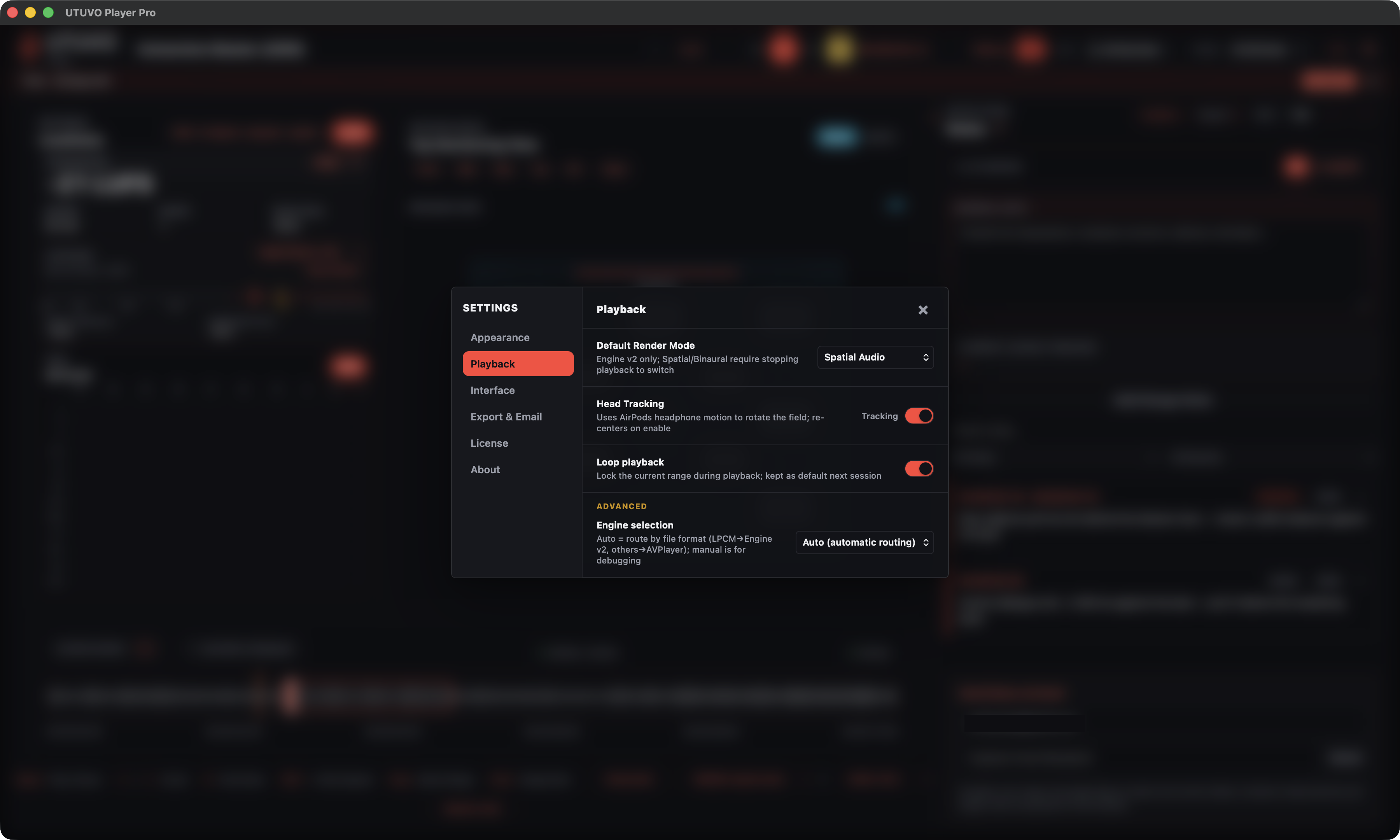 Player Pro Playback settings with Spatial Audio enabled and Head Tracking status shown as Tracking