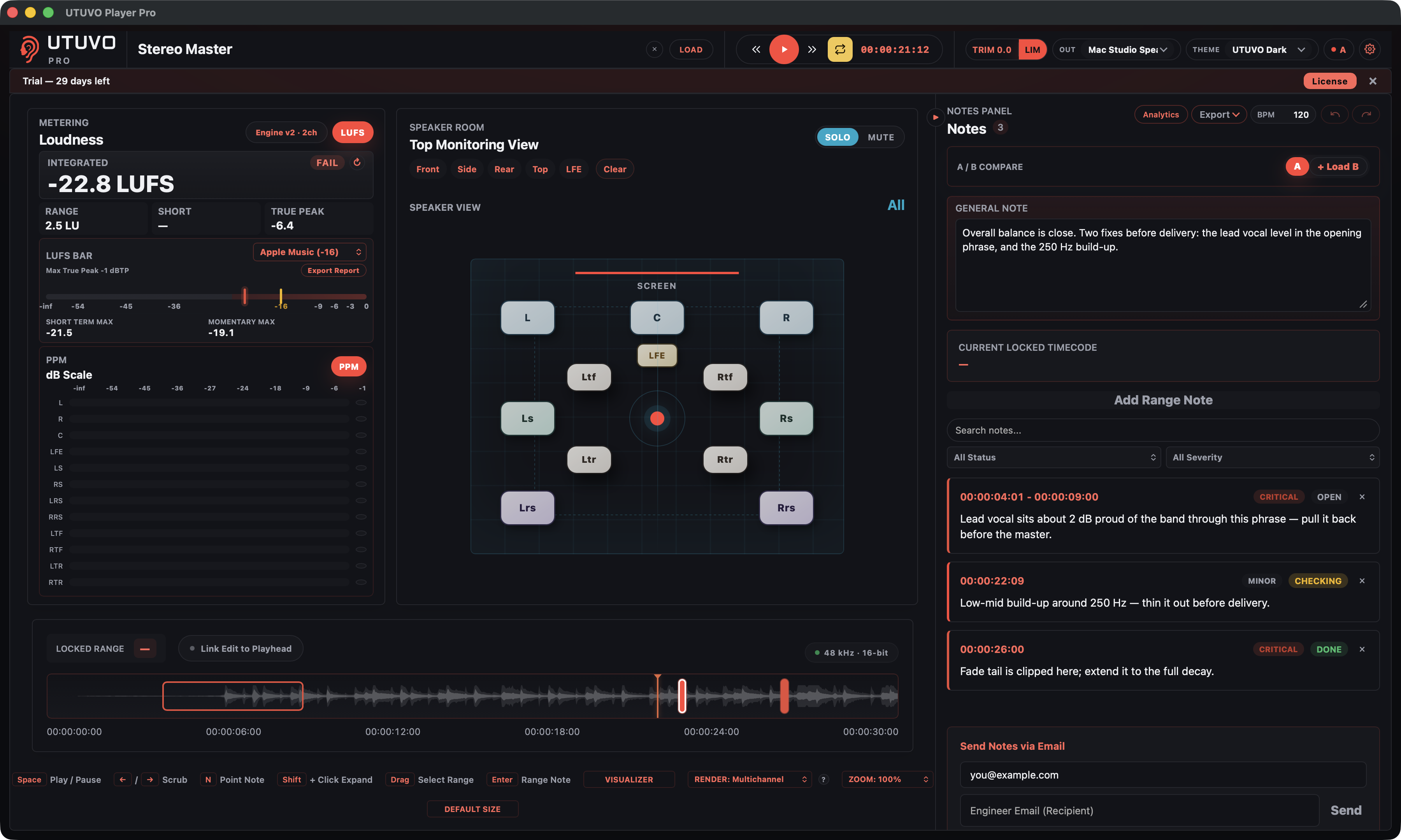 Player Pro in Dark theme showing a two-channel master, Integrated LUFS, Apple Music target and retained notes