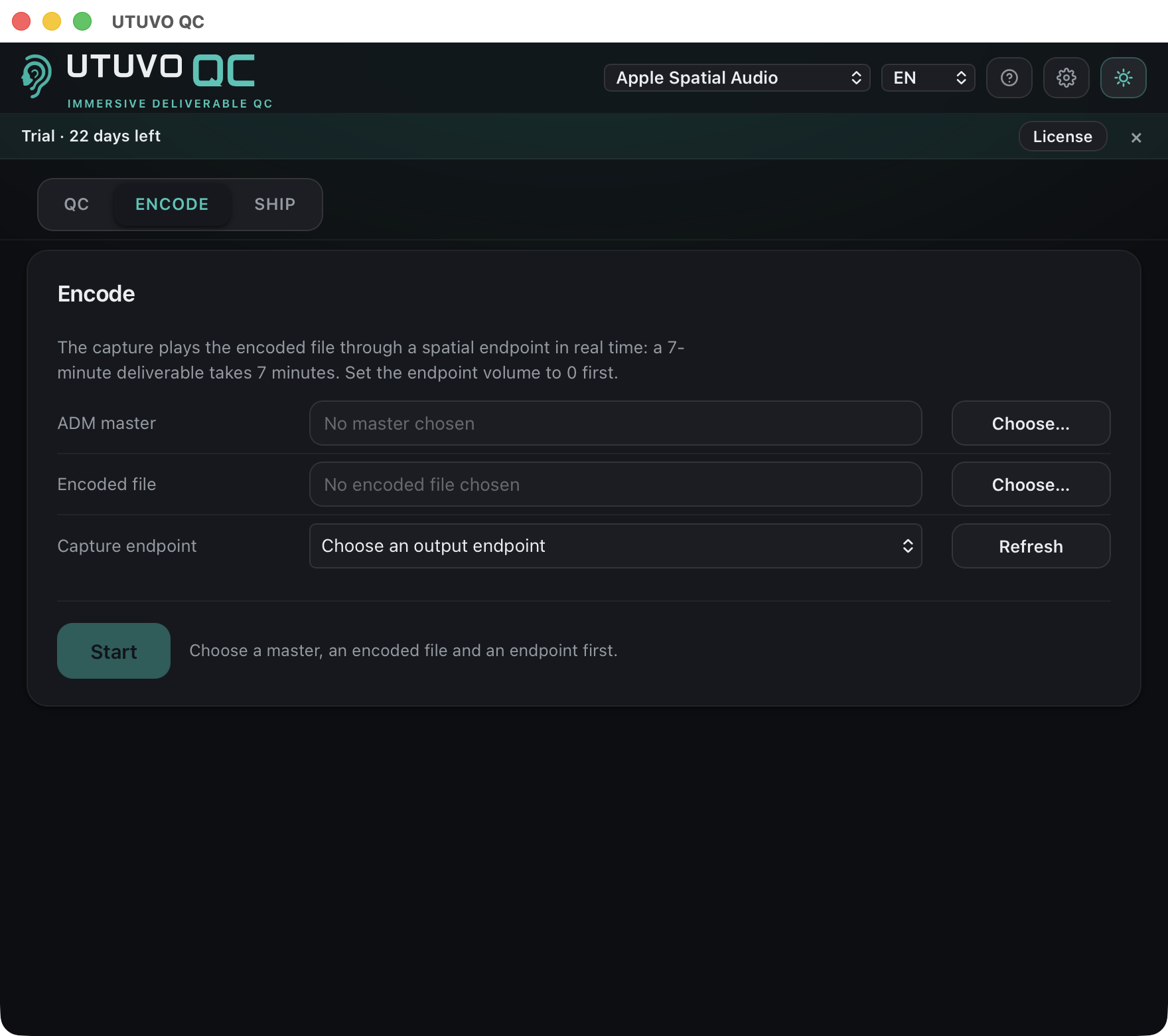 UTUVO QC Encode tab: master, encoded file and capture endpoint