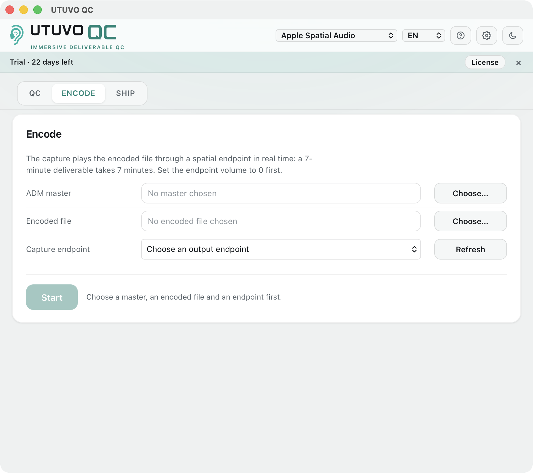 UTUVO QC Encode tab: master, encoded file and capture endpoint