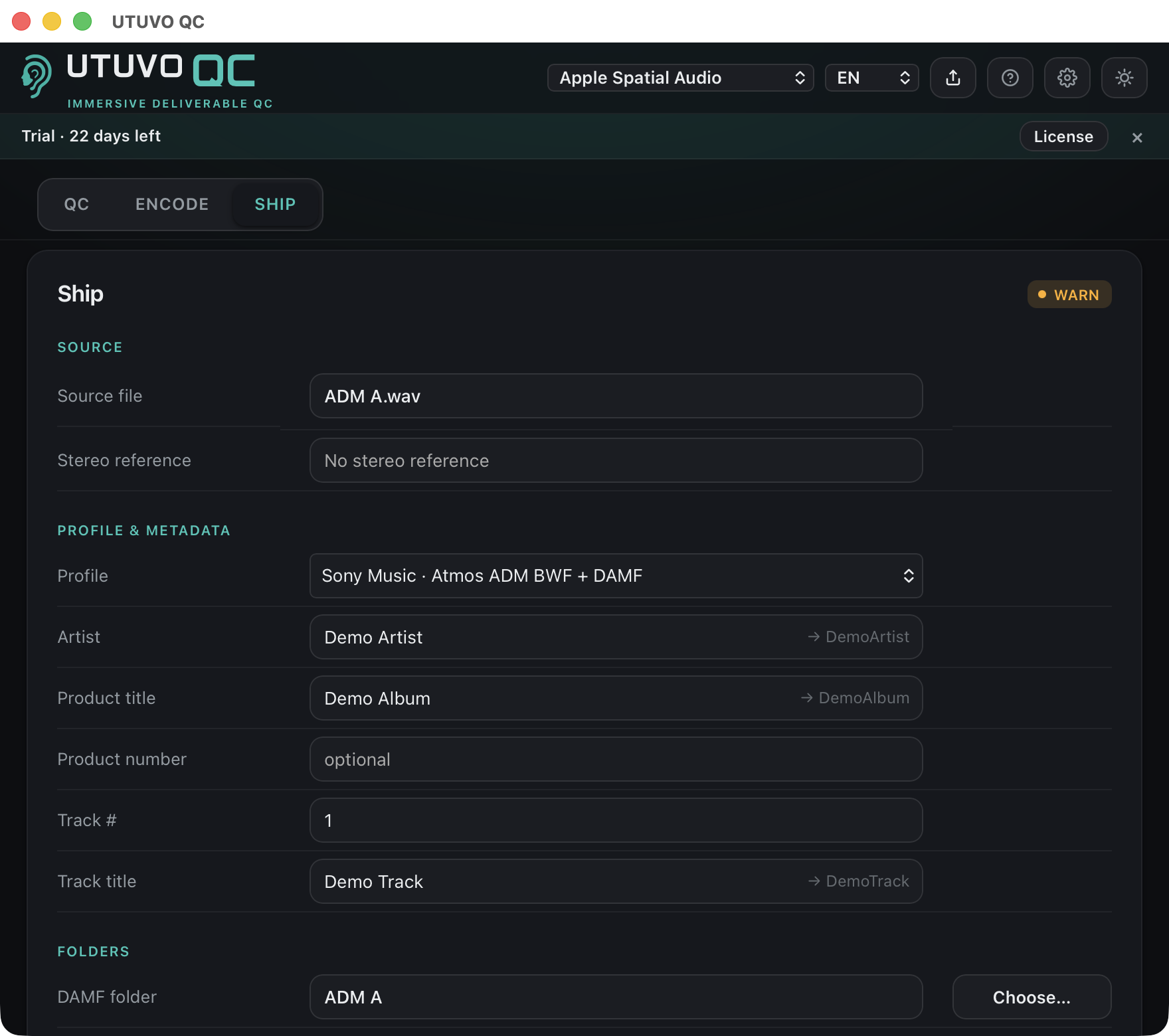 UTUVO QC Ship tab: profile and metadata form