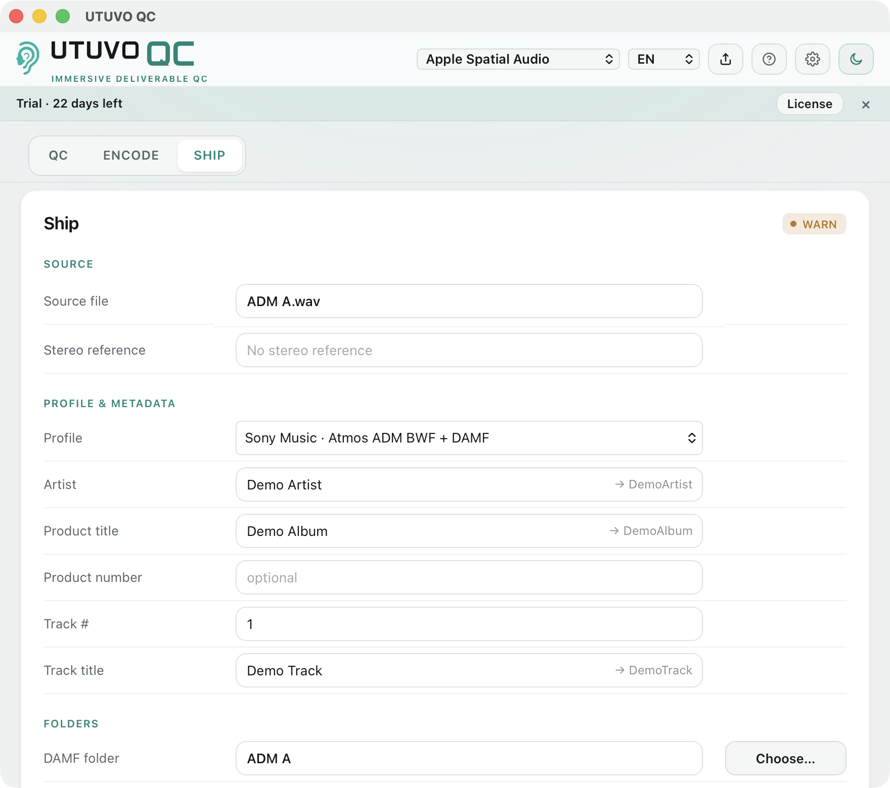 UTUVO QC Ship tab: profile and metadata form