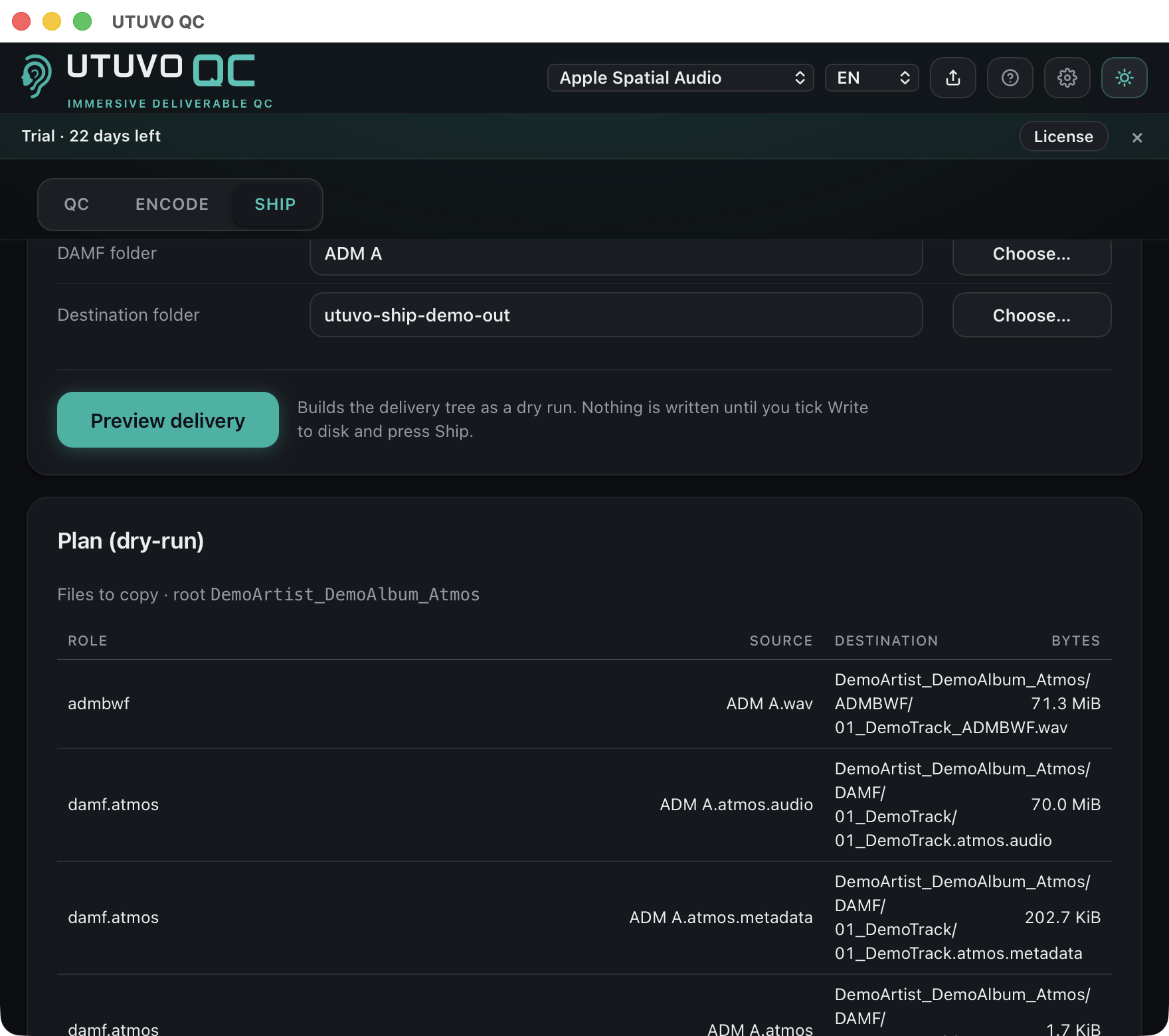 UTUVO QC Ship tab: dry-run delivery plan