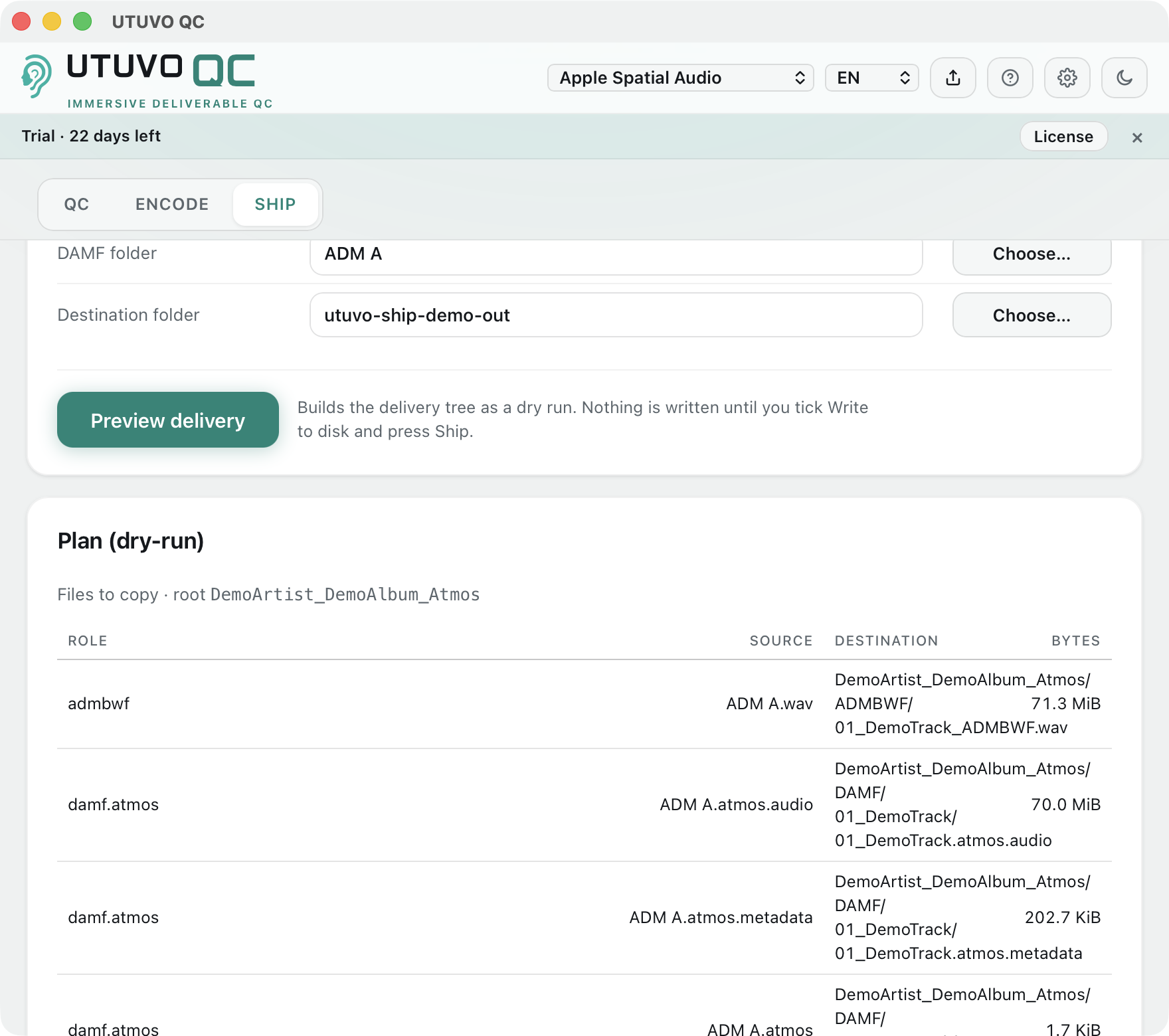 UTUVO QC Ship tab: dry-run delivery plan